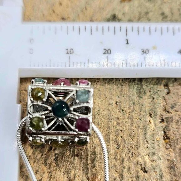 Nature Rainbow Faceted Tourmaline Rectangular Cage Pendant Necklace - Picture 9 of 10